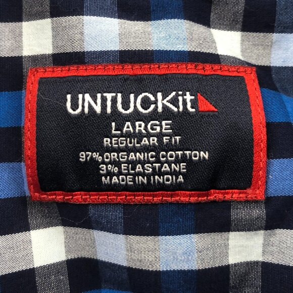 Untuckit Mens Shirt Large Short Sleeve Dark Blue Check Button Up Classic Casual - Picture 3 of 11